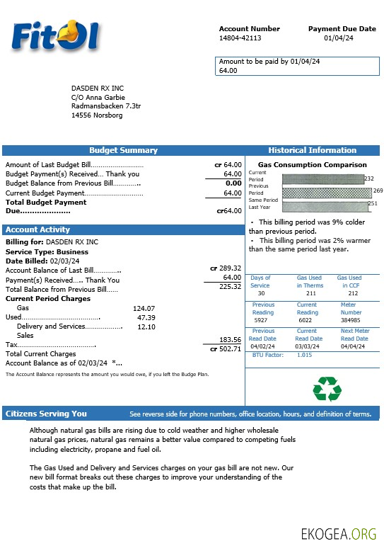 Modèle de facture de services publics de gaz Fitol en Suède aux formats Word et PDF